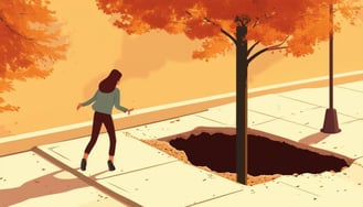 2D animated style with a solid background, of a person avoiding falling in a hole on a sidewalk or path-1
