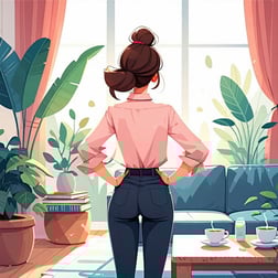 A professional cartoon using 2D art style Feminine colors A perspective of a female from behind looking into a room where we might see some plants books a sofa and a table with tea and she seems very proud of herself with her hands on her hips-1
