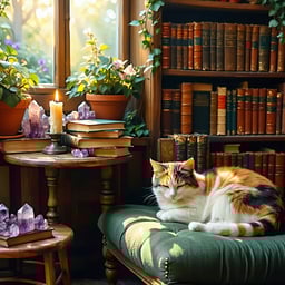 The image depicts a warm library bathed in warm soft light enveloped in a calming atmosphere A sitting area with a sleping calico cat There is a small wooden side table decorated with a candle crystals and a few wellthumbed books stacked haphazardly