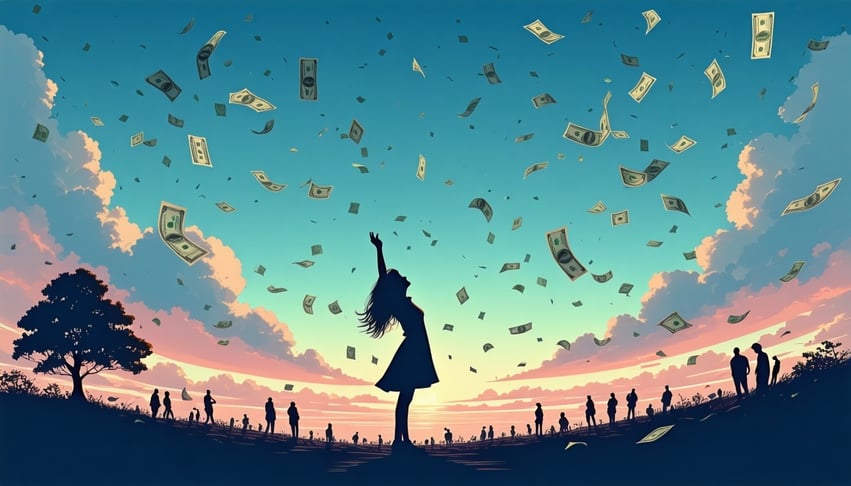 Using 2D art style  simple scene of the sky at dusk with money falling from it  in the distance maybe we see the silhouette of people looking up and one adult female reaching up to catch it feminine pastel colors