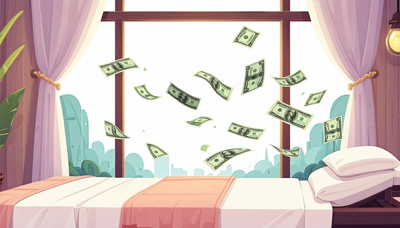 a professional cartoon with 2D art style using gentle or feminine colors money flying out the window of a peaceful looking massage room indicating that money is being lost