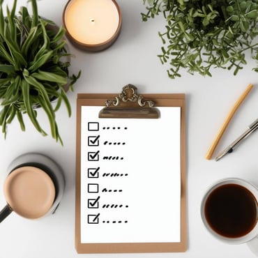 checklist on a desk with coffee, a plant, and candle, with all boxes checked
