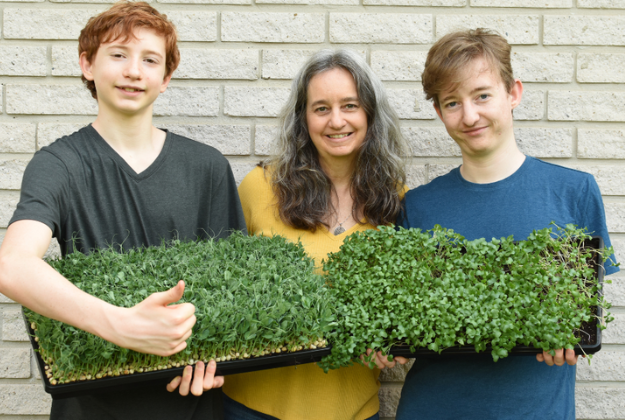 Lisa and her sons growing microgreens