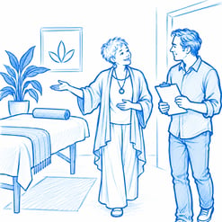 female healer showing male healer around her office