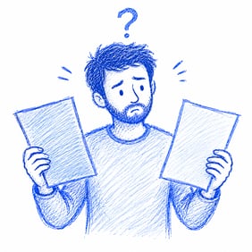 man comparing information confused unsure