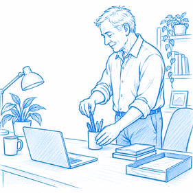 man organizing his desk ready for work