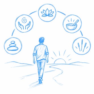 man walking towards horizon with modalities
