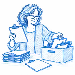 organizing client paperwork and clipboards